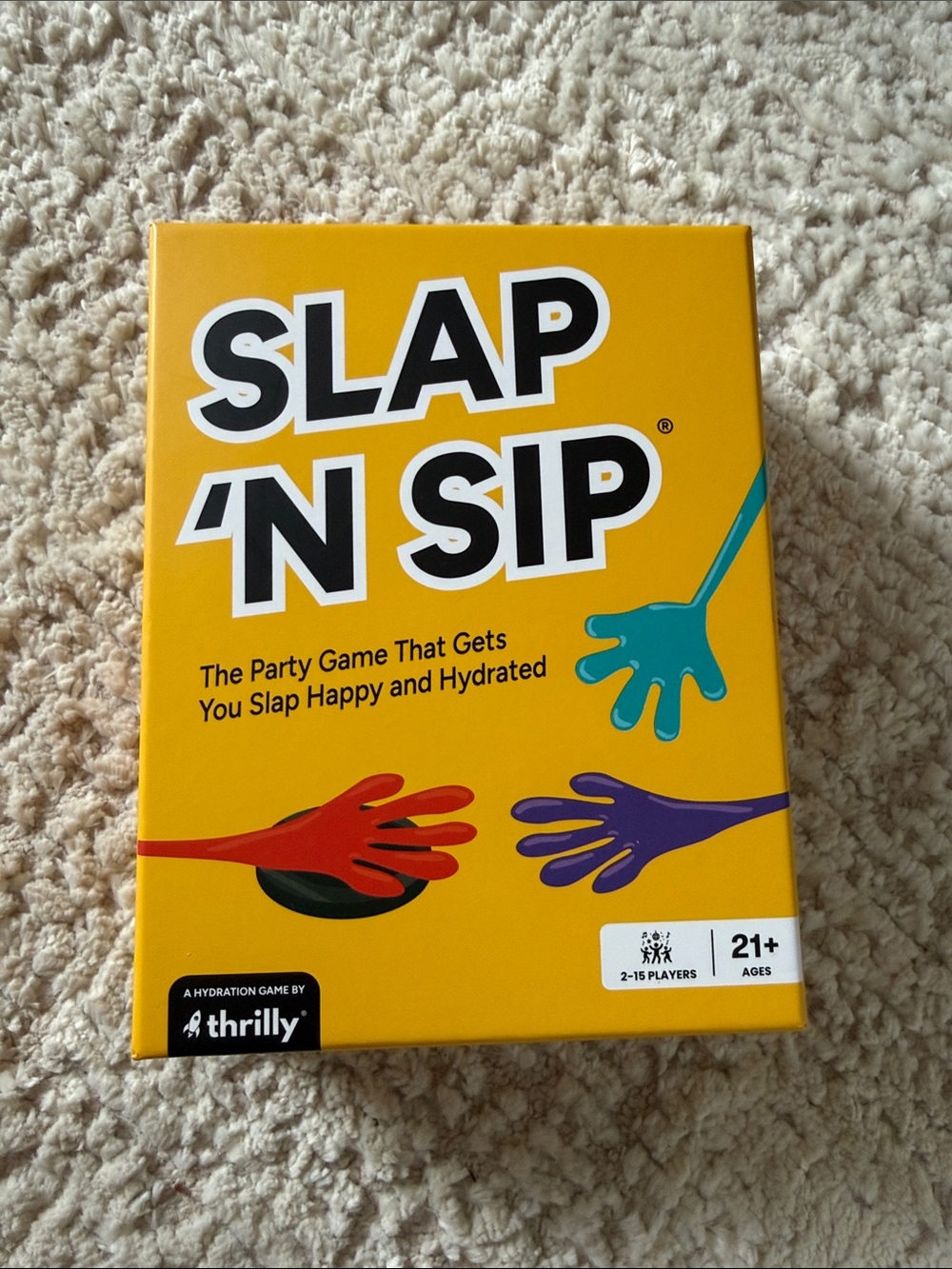 NWT Slap 'N Sip Party Game - Yellow with Teal, Red, Purple Hands